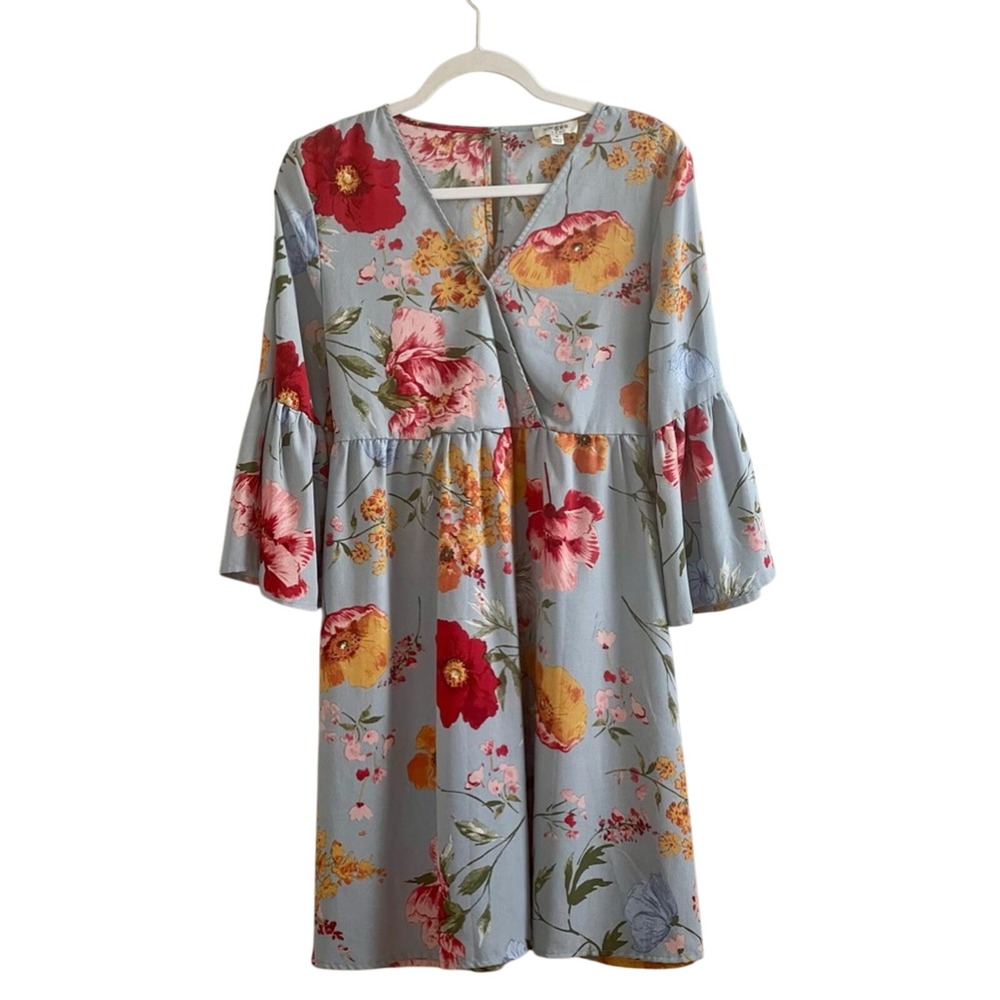 Umgee - Blue Floral Faux Wrap Midi Dress -‎ Women's M